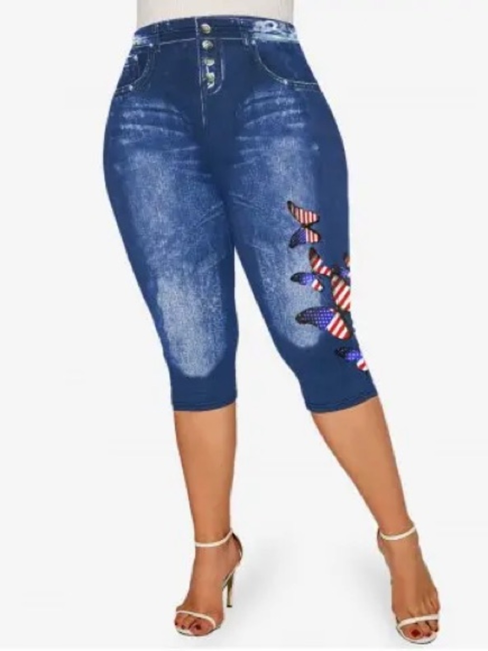 Capri Denim-Look Leggings with butterfly Flag patterns - Blue 5X
